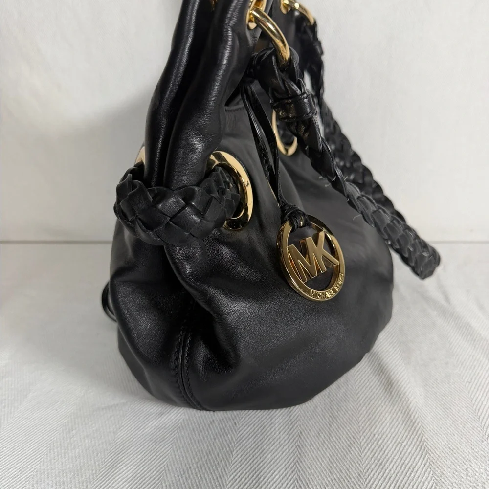 Michael Kors Black Leather Hobo Tassels Gold Accents Shoulder Handbag Purse
